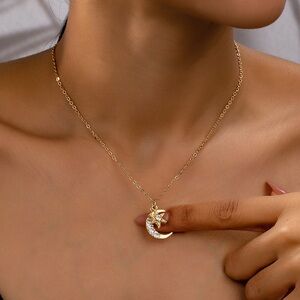 Gold Crescent Moon & Star Pendant Necklace - Women's Gold Necklace